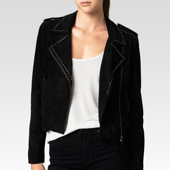 Stunning PAIGE Claris Black Studded Suede Moto Jacket - Picture 1 of 5